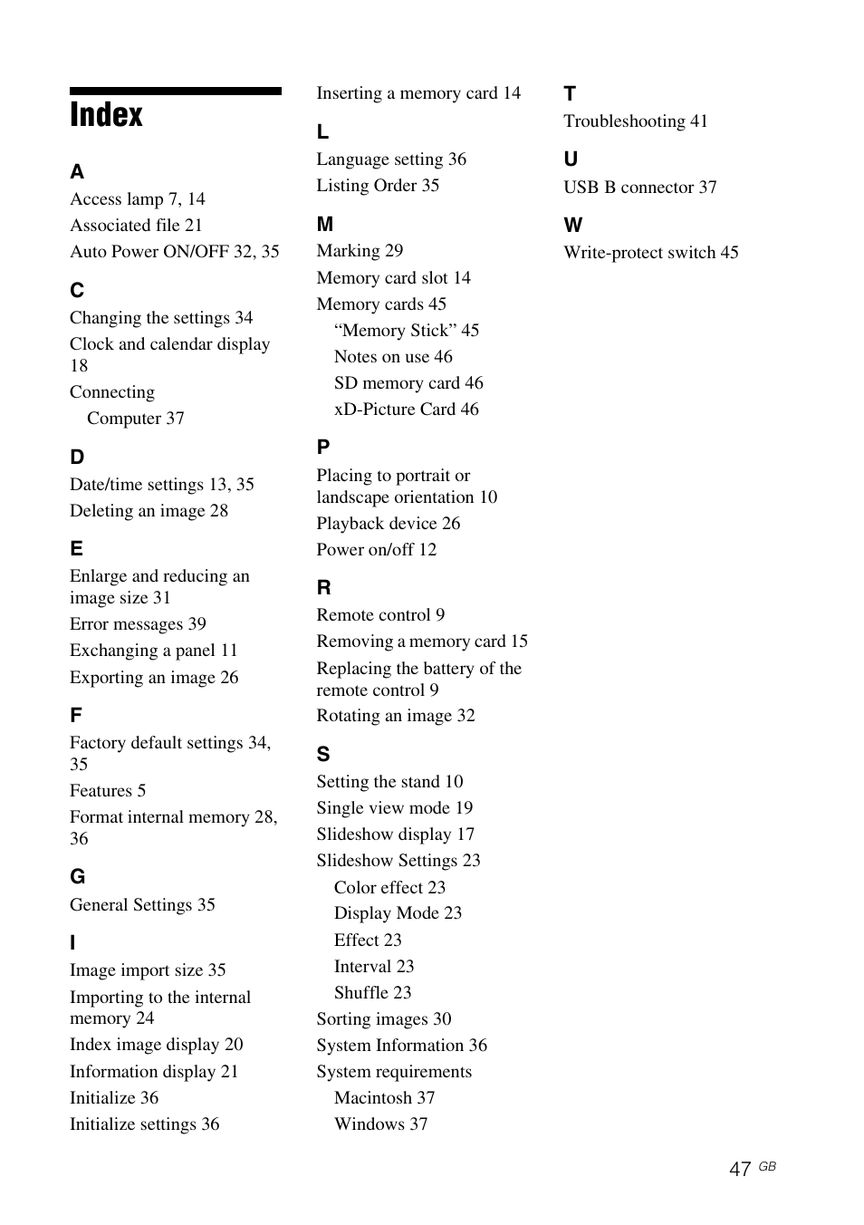 Index | Sony DPF-E75 User Manual | Page 47 / 48