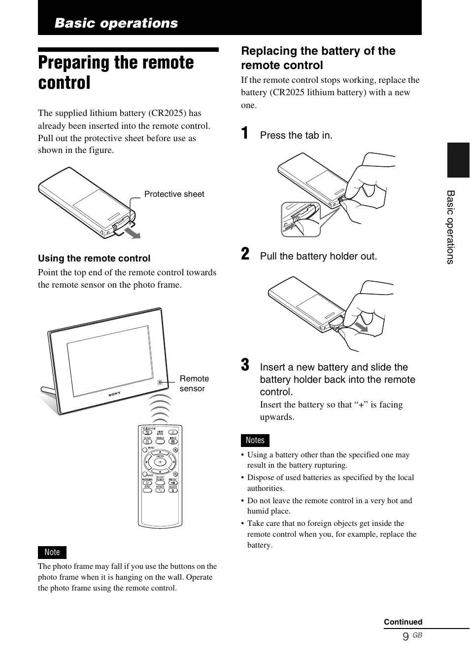 Basic operations, Preparing the remote control | Sony DPF-E75 User Manual | Page 9 / 48