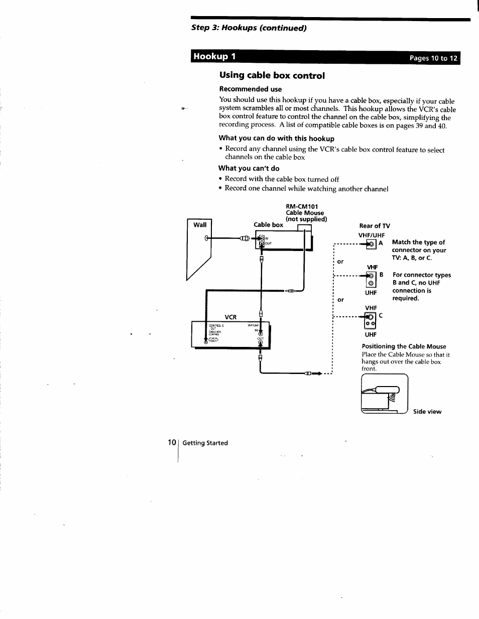 Recommended use, What you can do with this hookup, What you can't do | Hookup 1, Using cable box control | Sony SLV-778HF User Manual | Page 10 / 88