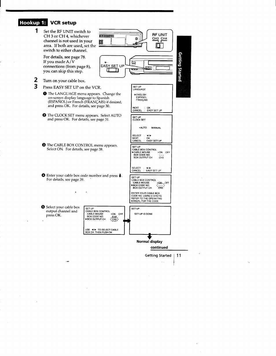 Hookup 1: vcr setup, Set the rf unit switch to ch 3 or ch, Turn on your cable box | Press easy set up on the vcr | Sony SLV-778HF User Manual | Page 11 / 88