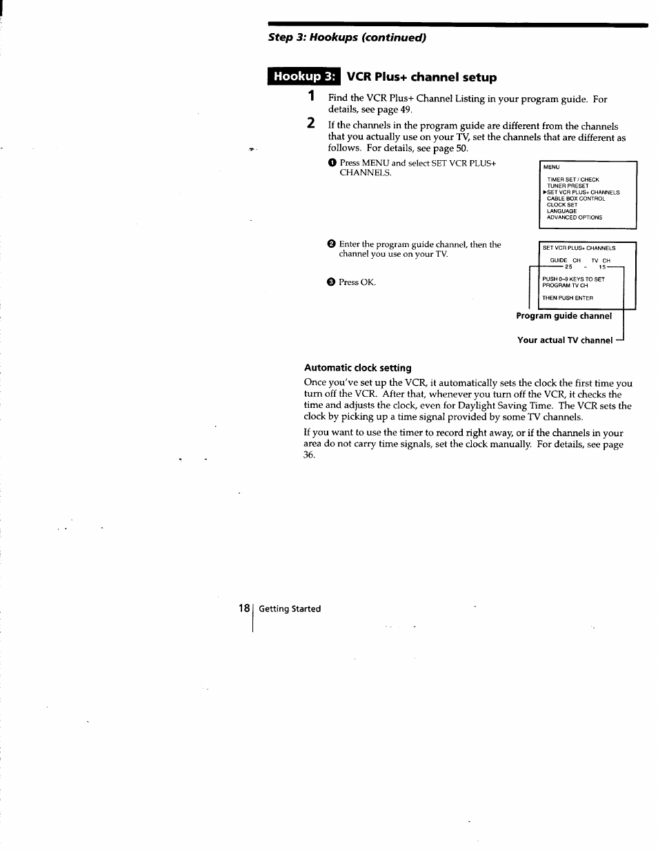 Your actual tv channel, Automatic clock setting, Hookup 3; vcr plus+ channel setup | Step 3: hookups (continued) | Sony SLV-778HF User Manual | Page 18 / 88
