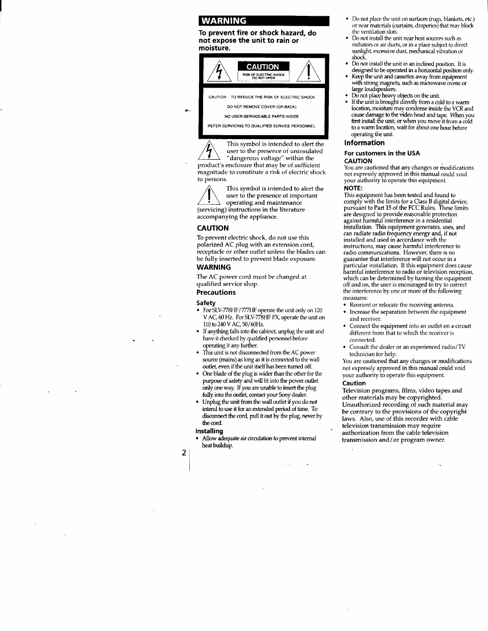 Caution, Precautions, Information | Warning | Sony SLV-778HF User Manual | Page 2 / 88