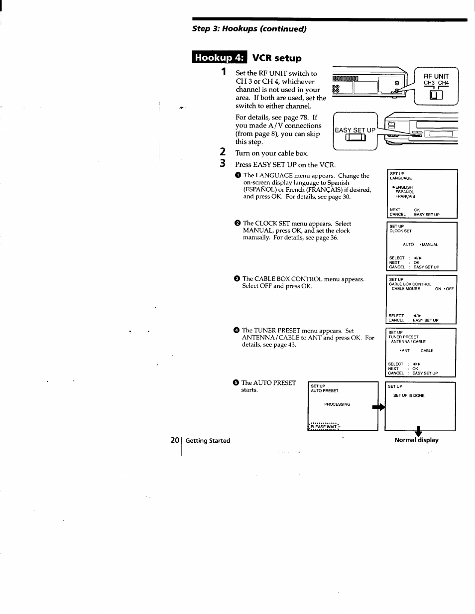Hookup 4: vcr setup, Step 3: hookups (continued) | Sony SLV-778HF User Manual | Page 20 / 88