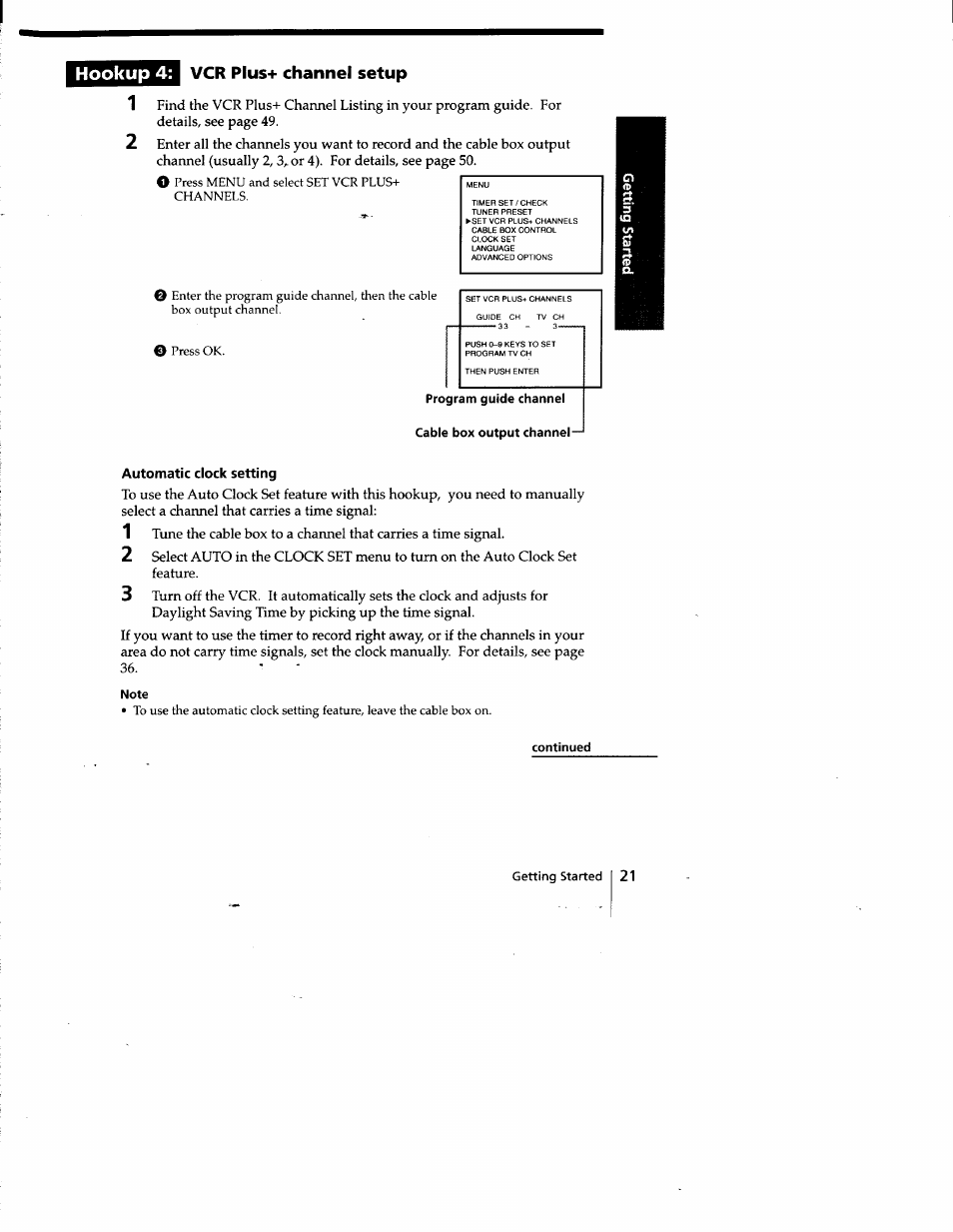 Program guide channel cable box output channel, Automatic clock setting, Note | Continued, Hookup 4: vcr plus+ channel setup | Sony SLV-778HF User Manual | Page 21 / 88