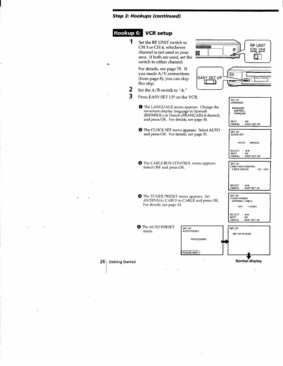 Hookup 6; vcr setup 1, Step 3: hookups (continued), Set the rf unit switch to ch 3 or ch | Set the a/b switch to "a, Press easy set up on the vcr | Sony SLV-778HF User Manual | Page 26 / 88