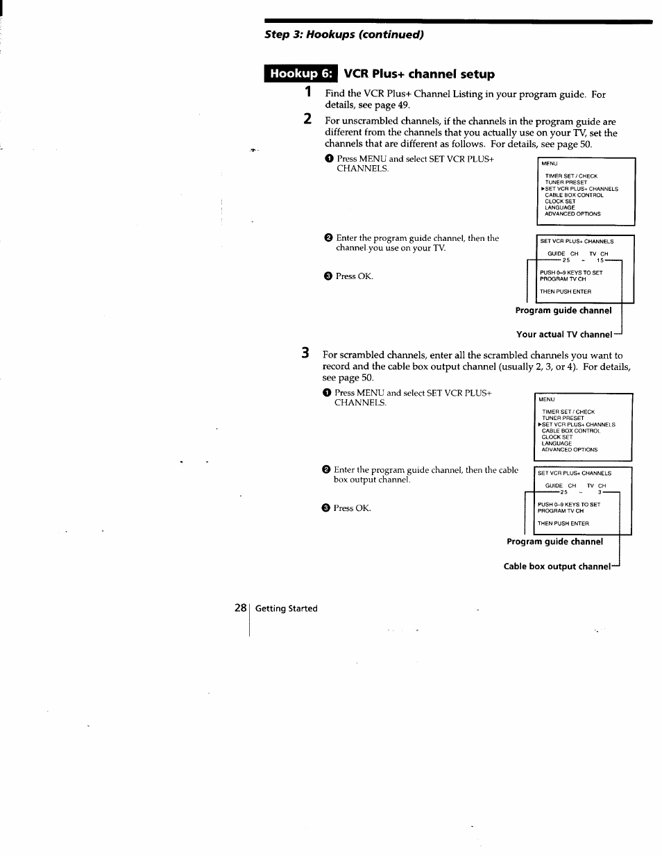 Hookup 6: vcr plus+ channel setup, Step 3: hookups (continued) | Sony SLV-778HF User Manual | Page 28 / 88