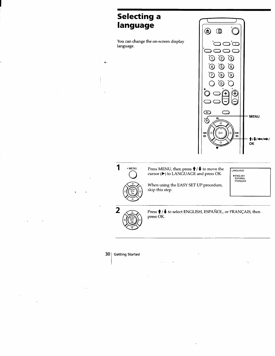 Selecting a language | Sony SLV-778HF User Manual | Page 30 / 88