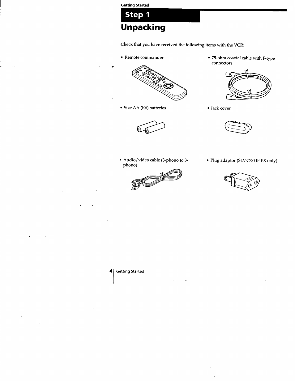 Step 1, Unpacking | Sony SLV-778HF User Manual | Page 4 / 88