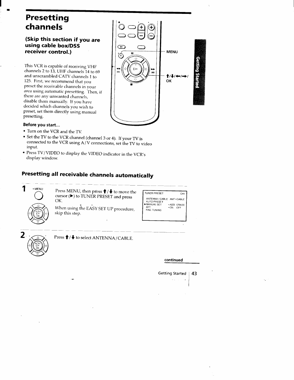 Presetting, Channels, Before you start | Presetting channels, Presetting all receivable channels automatically | Sony SLV-778HF User Manual | Page 43 / 88