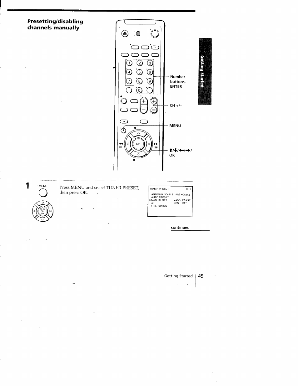 Presetting/disabling channels manually, Press menu and select tuner preset, then press ok | Sony SLV-778HF User Manual | Page 45 / 88