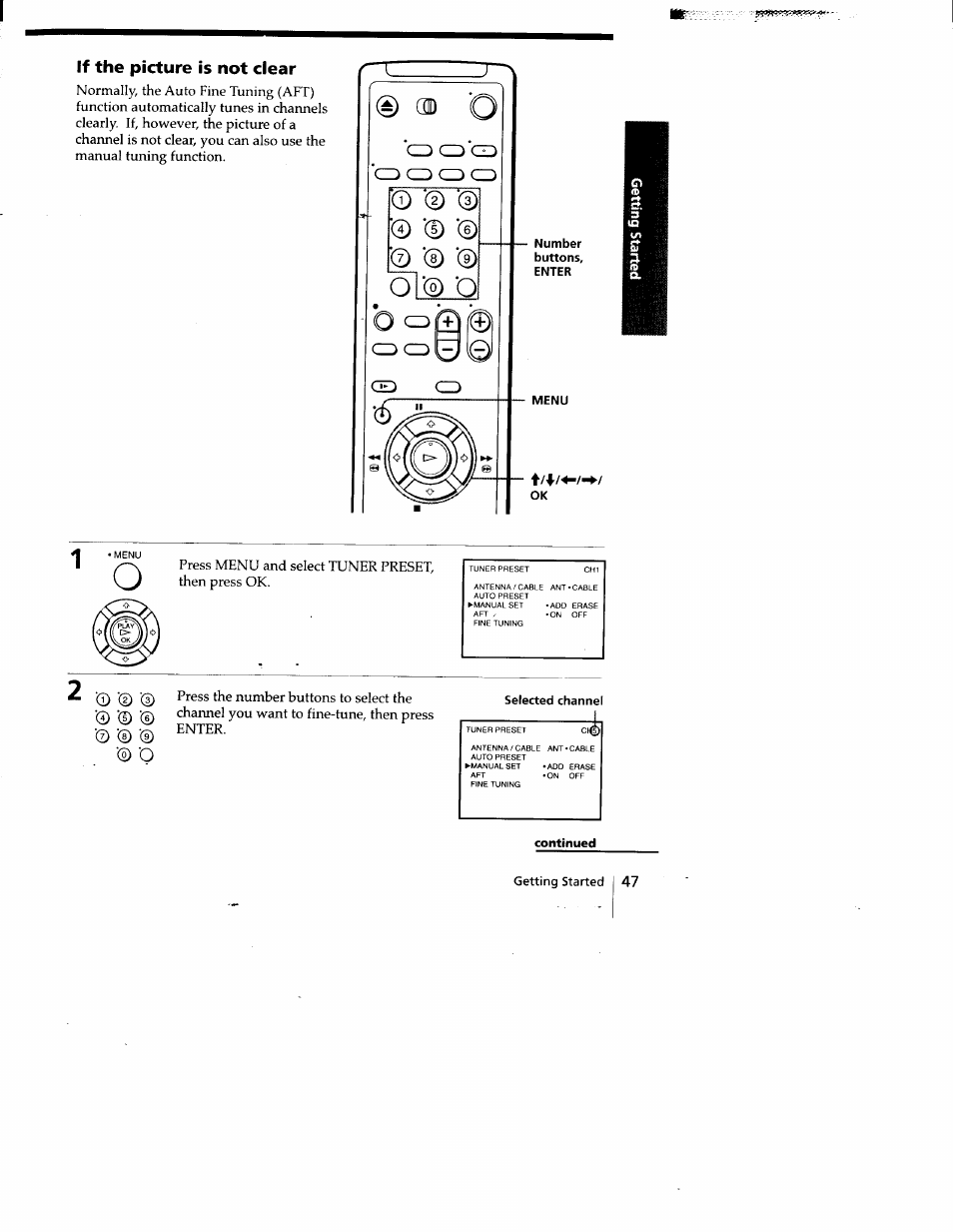 If the picture is not clear, Press menu and select tuner preset, then press ok | Sony SLV-778HF User Manual | Page 47 / 88