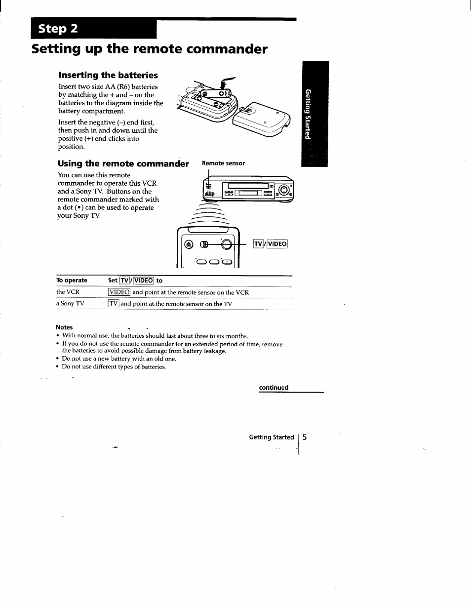 Step 2, Setting up the remote commander, Inserting the batteries | Using the remote commander | Sony SLV-778HF User Manual | Page 5 / 88