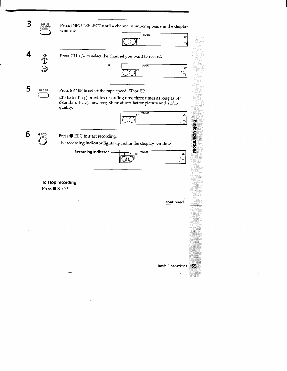 Recording indicator, To stop recording, Continued | I 55 | Sony SLV-778HF User Manual | Page 55 / 88