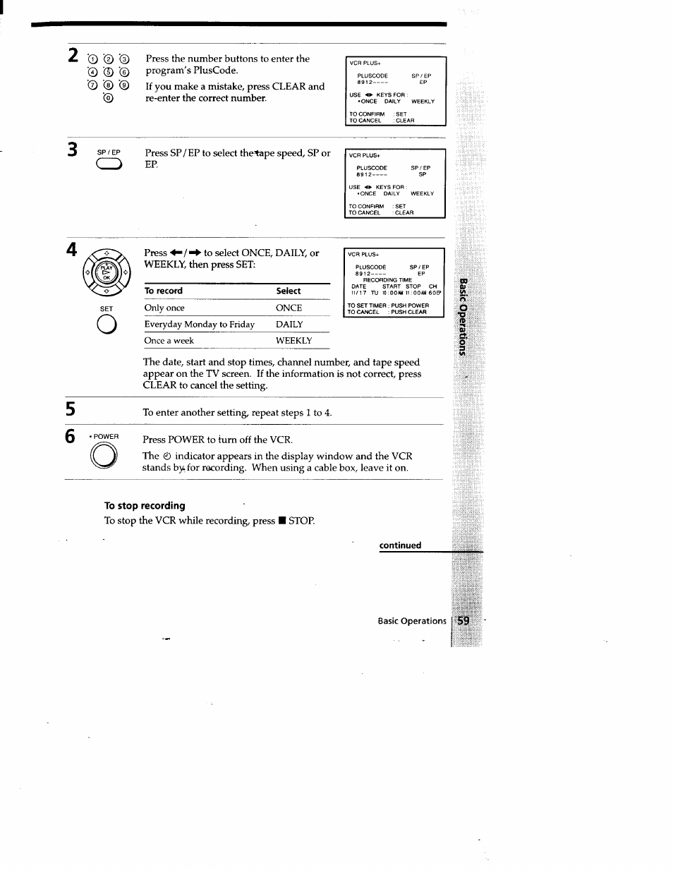 To stop recording, Continued, 2 'o | Sony SLV-778HF User Manual | Page 59 / 88