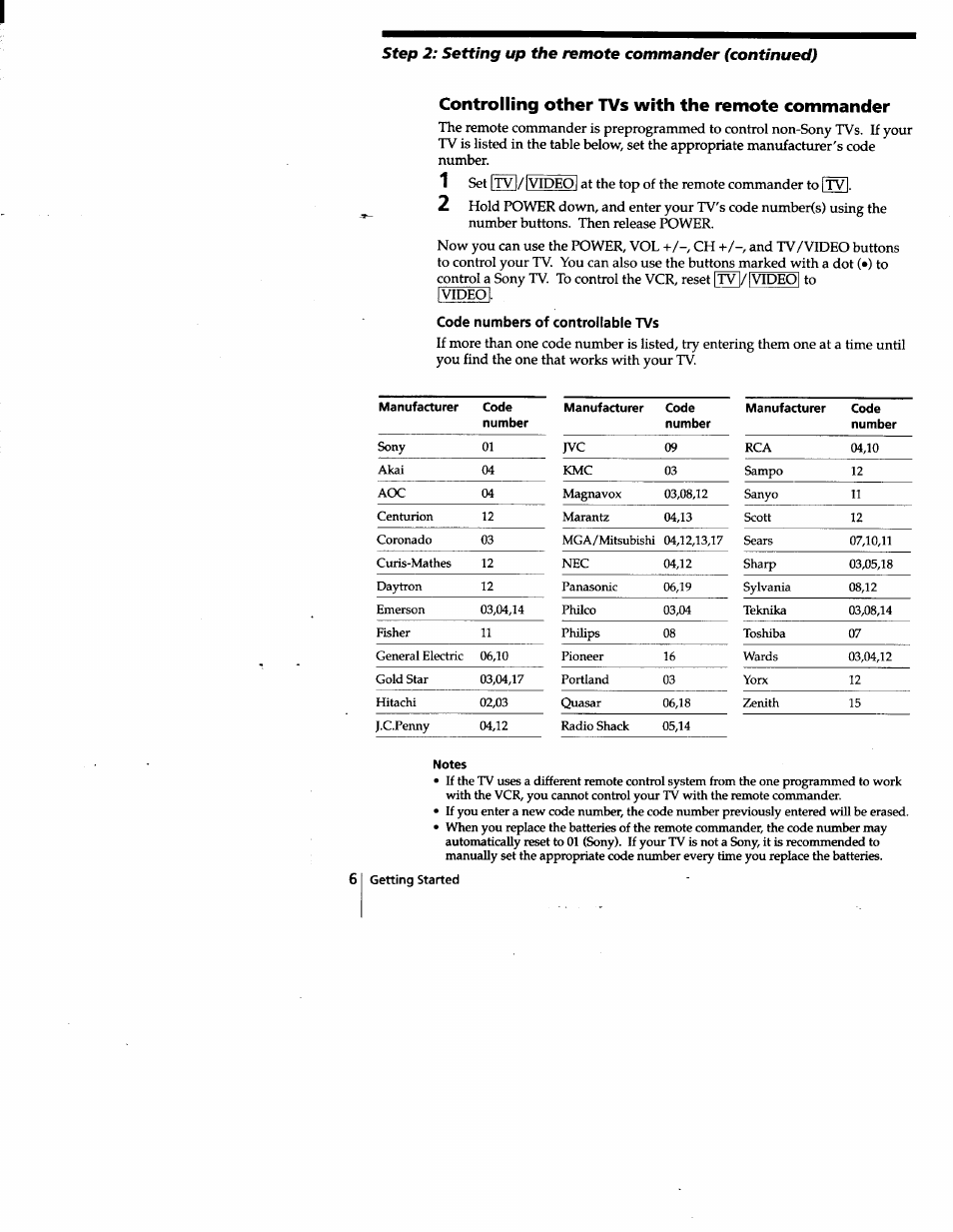 Code numbers of controllable tvs, Plvl. 2, Controlling other tvs with the remote commander | Sony SLV-778HF User Manual | Page 6 / 88