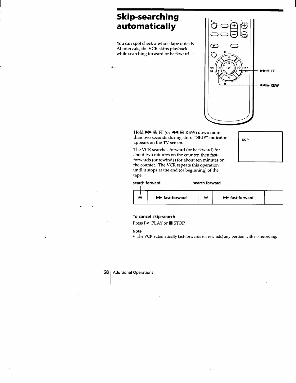 Skip-searching, Automatically, Search forward search forward | Fast-forward, To cancel skip-search, Note, Skip-searching automatically | Sony SLV-778HF User Manual | Page 68 / 88