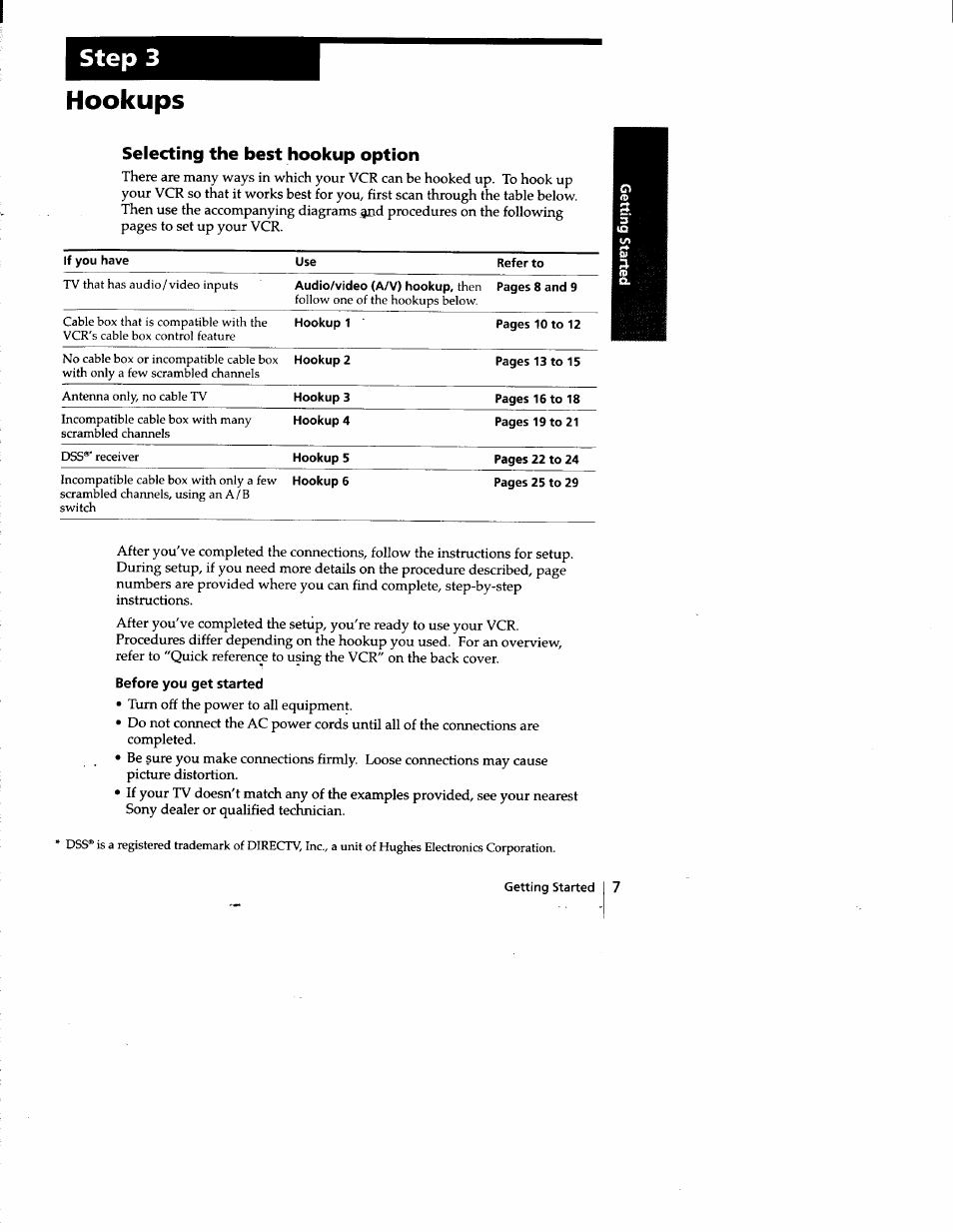 Step 3, Hookups, Before you get started | Selecting the best hookup option | Sony SLV-778HF User Manual | Page 7 / 88