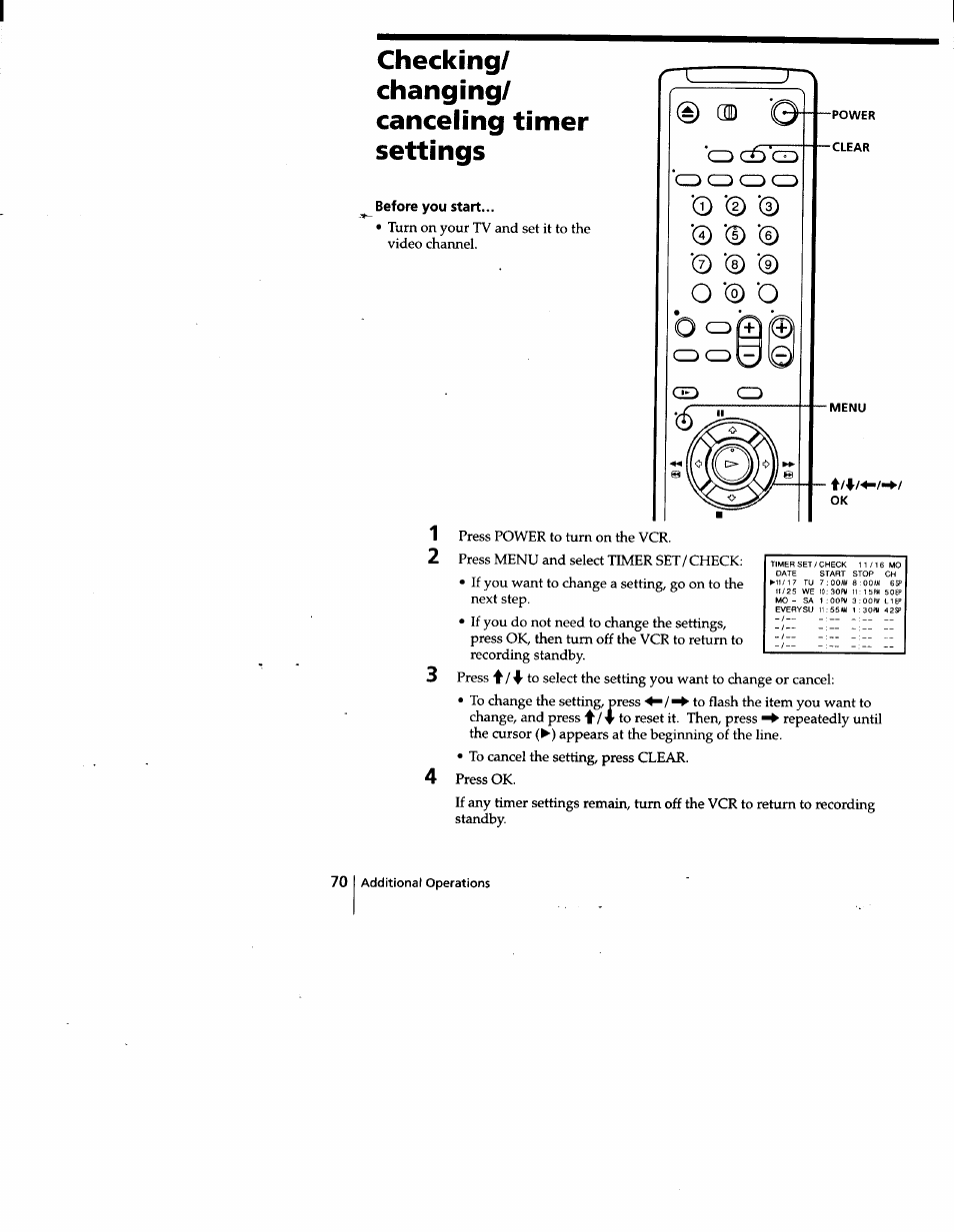 Before you start, Checking/ changing/ canceling timer settings | Sony SLV-778HF User Manual | Page 70 / 88