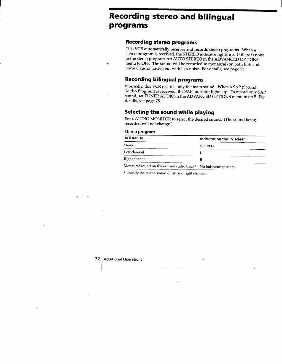 Recording stereo and bilingual programs, Recording stereo programs, Recording bilingual programs | Selecting the sound while playing | Sony SLV-778HF User Manual | Page 72 / 88