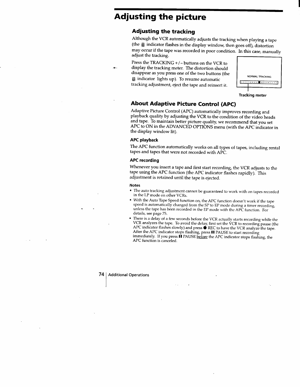 Adjusting the picture, Apc playback, Apc recording | Notes, Adjusting the tracking, About adaptive picture control (apc) | Sony SLV-778HF User Manual | Page 74 / 88