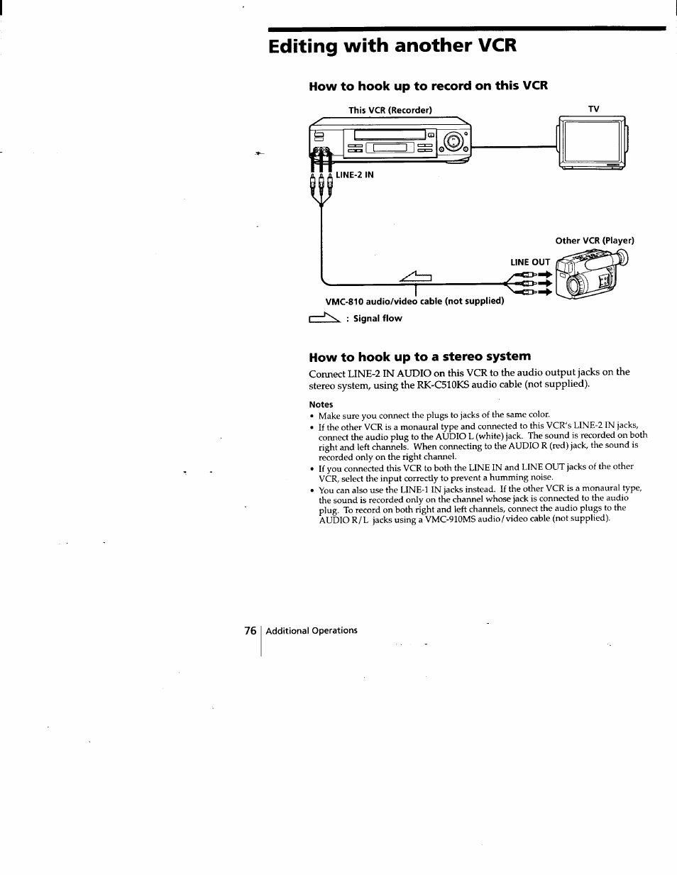 Editing with another vcr, How to hook up to record on this vcr, How to hook up to a stereo system | Sony SLV-778HF User Manual | Page 76 / 88