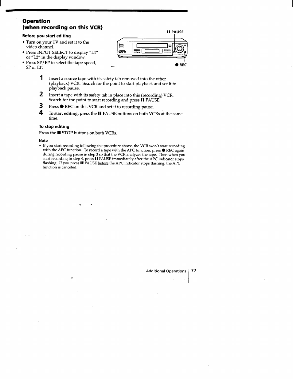 Operation (when recording on this vcr) | Sony SLV-778HF User Manual | Page 77 / 88