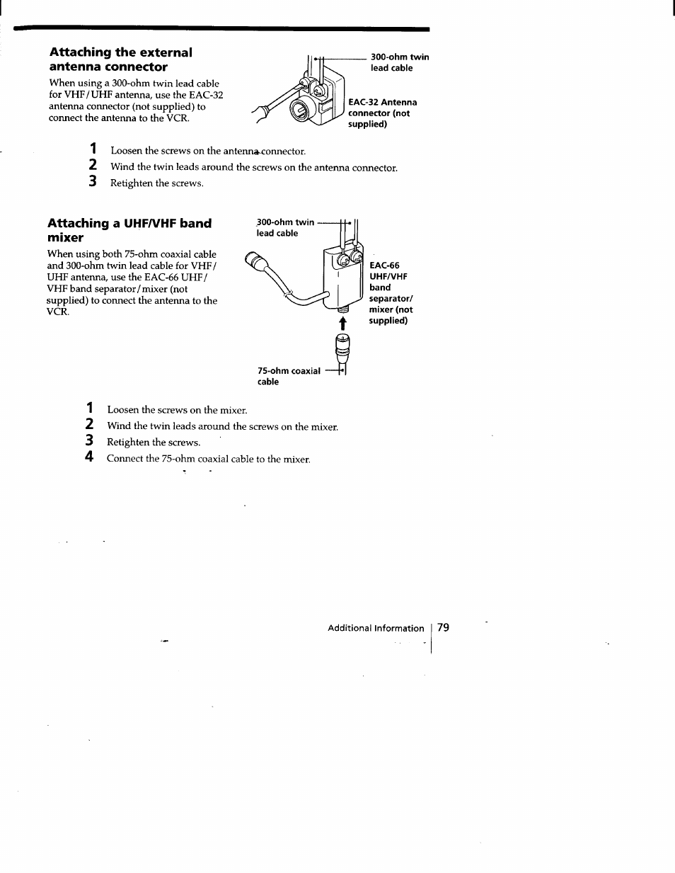 Attaching the external antenna connector, Attaching a uhfaahf band mixer | Sony SLV-778HF User Manual | Page 79 / 88