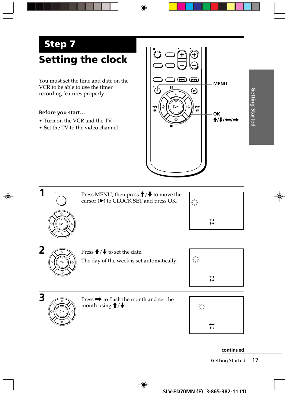 Setting the clock, Step 7, Press / to flash the month and set the month using | Sony SLV-ED70MN User Manual | Page 17 / 55