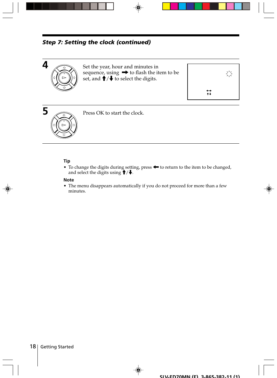 Step 7: setting the clock (continued), Press ok to start the clock | Sony SLV-ED70MN User Manual | Page 18 / 55