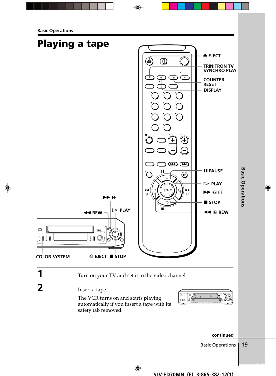 Playing a tape | Sony SLV-ED70MN User Manual | Page 19 / 55