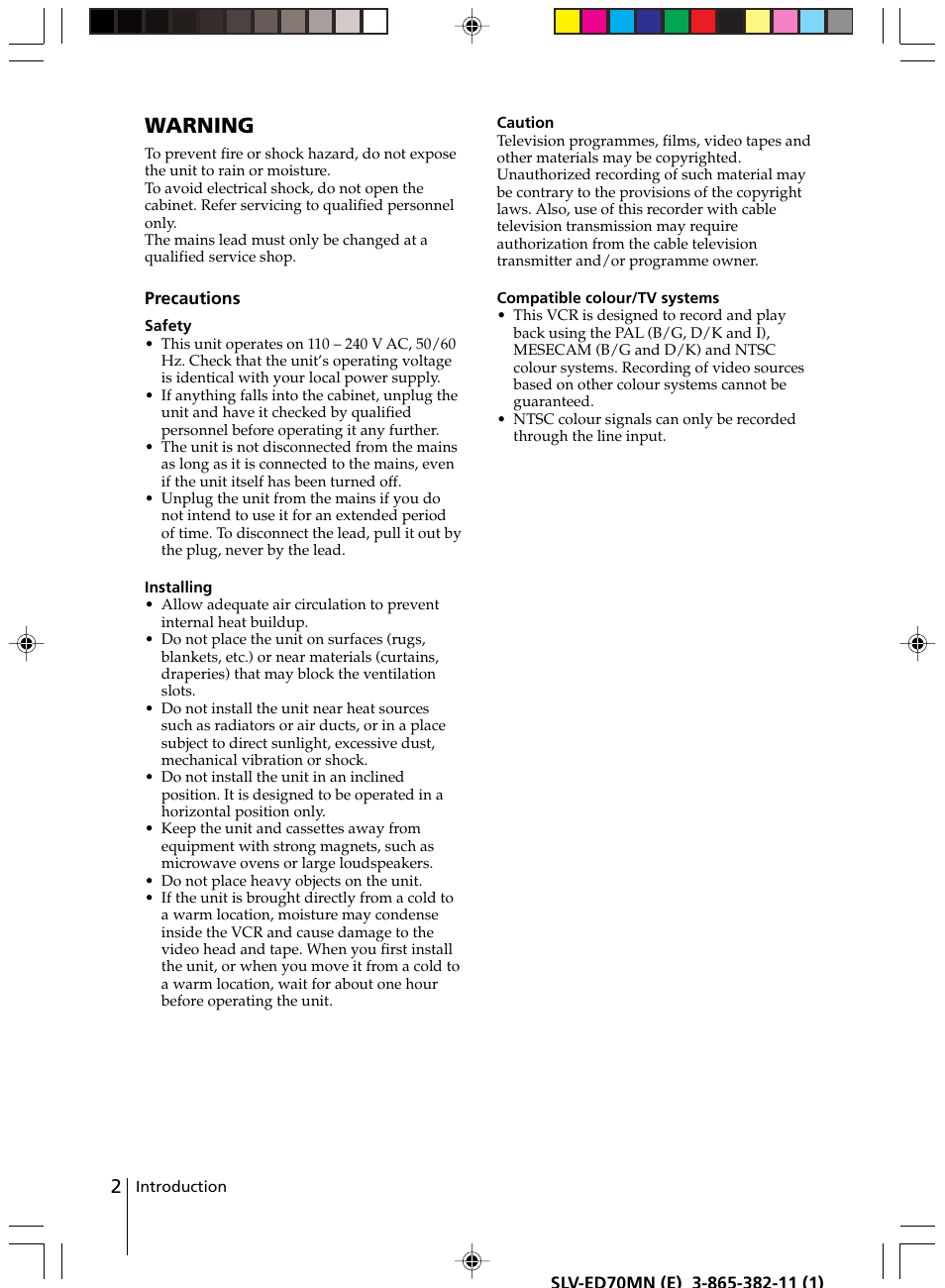 Warning | Sony SLV-ED70MN User Manual | Page 2 / 55