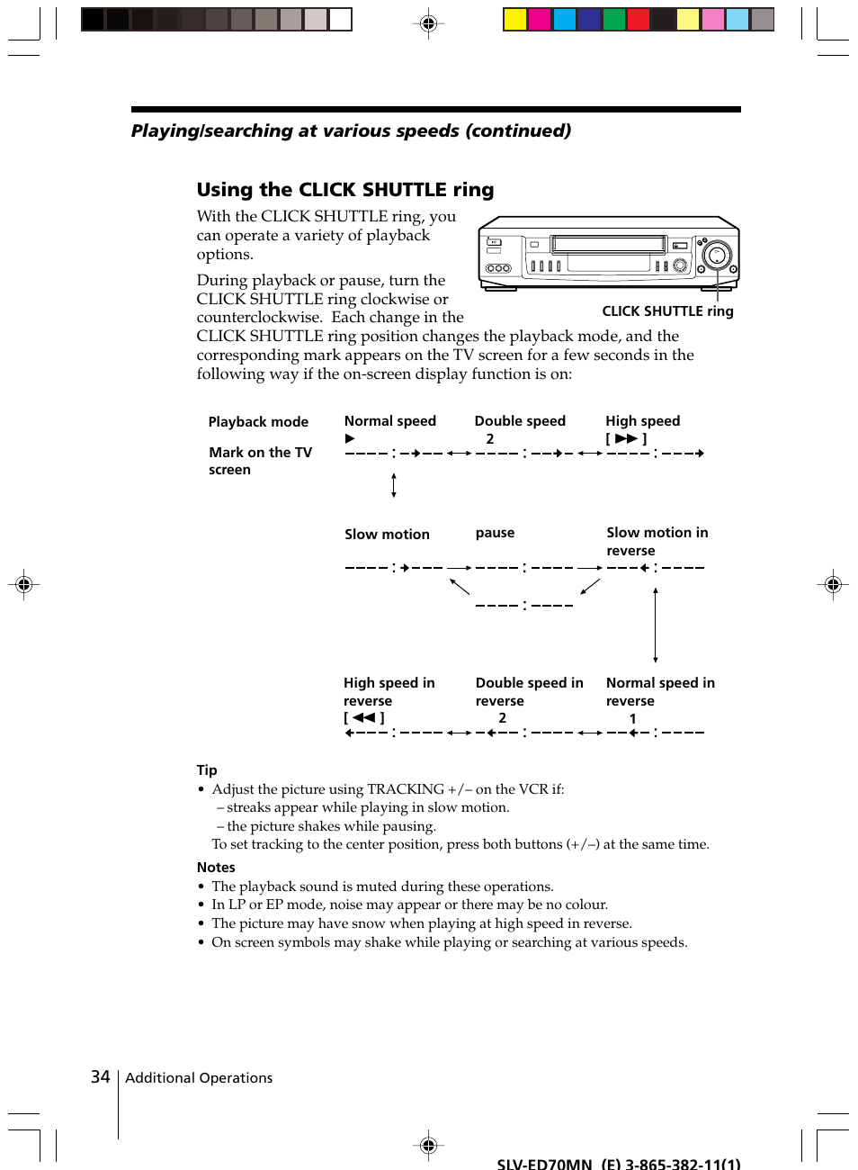 Using the click shuttle ring, Playing/searching at various speeds (continued) | Sony SLV-ED70MN User Manual | Page 34 / 55