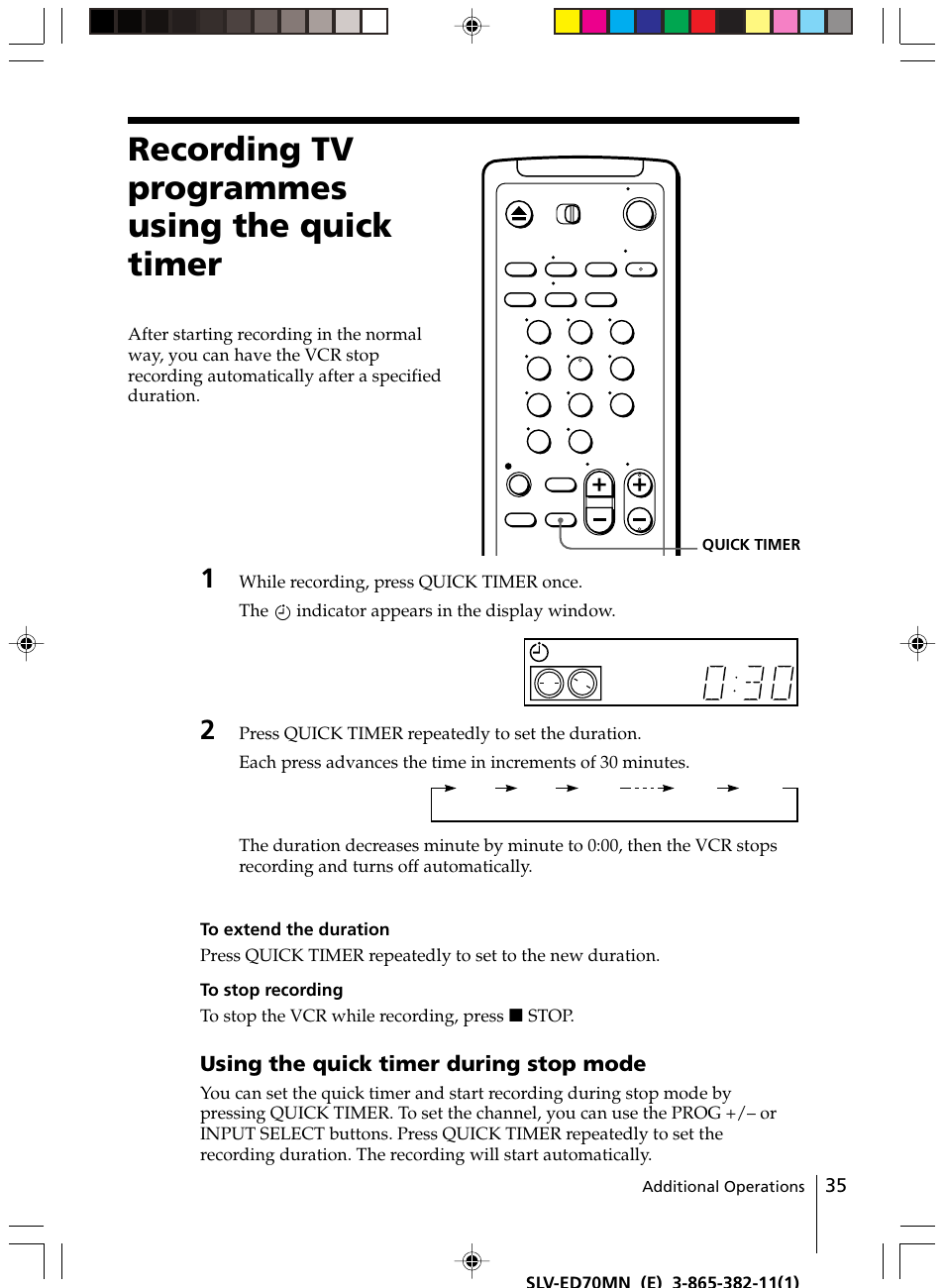 Recording tv programmes using the quick timer, Using the quick timer during stop mode | Sony SLV-ED70MN User Manual | Page 35 / 55