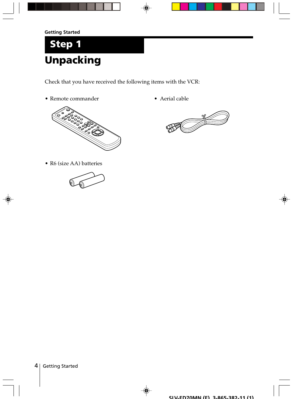 Unpacking, Step 1 | Sony SLV-ED70MN User Manual | Page 4 / 55