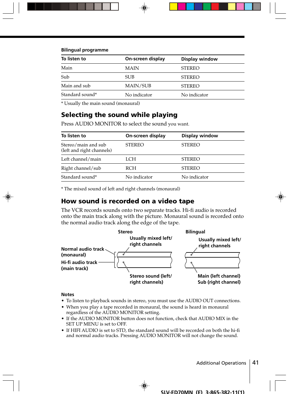 Selecting the sound while playing, How sound is recorded on a video tape | Sony SLV-ED70MN User Manual | Page 41 / 55