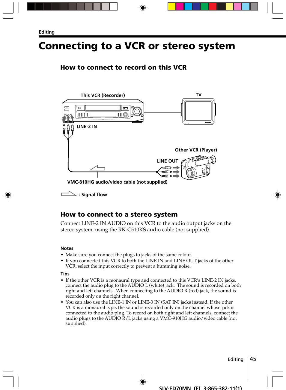 Connecting to a vcr or stereo system | Sony SLV-ED70MN User Manual | Page 45 / 55