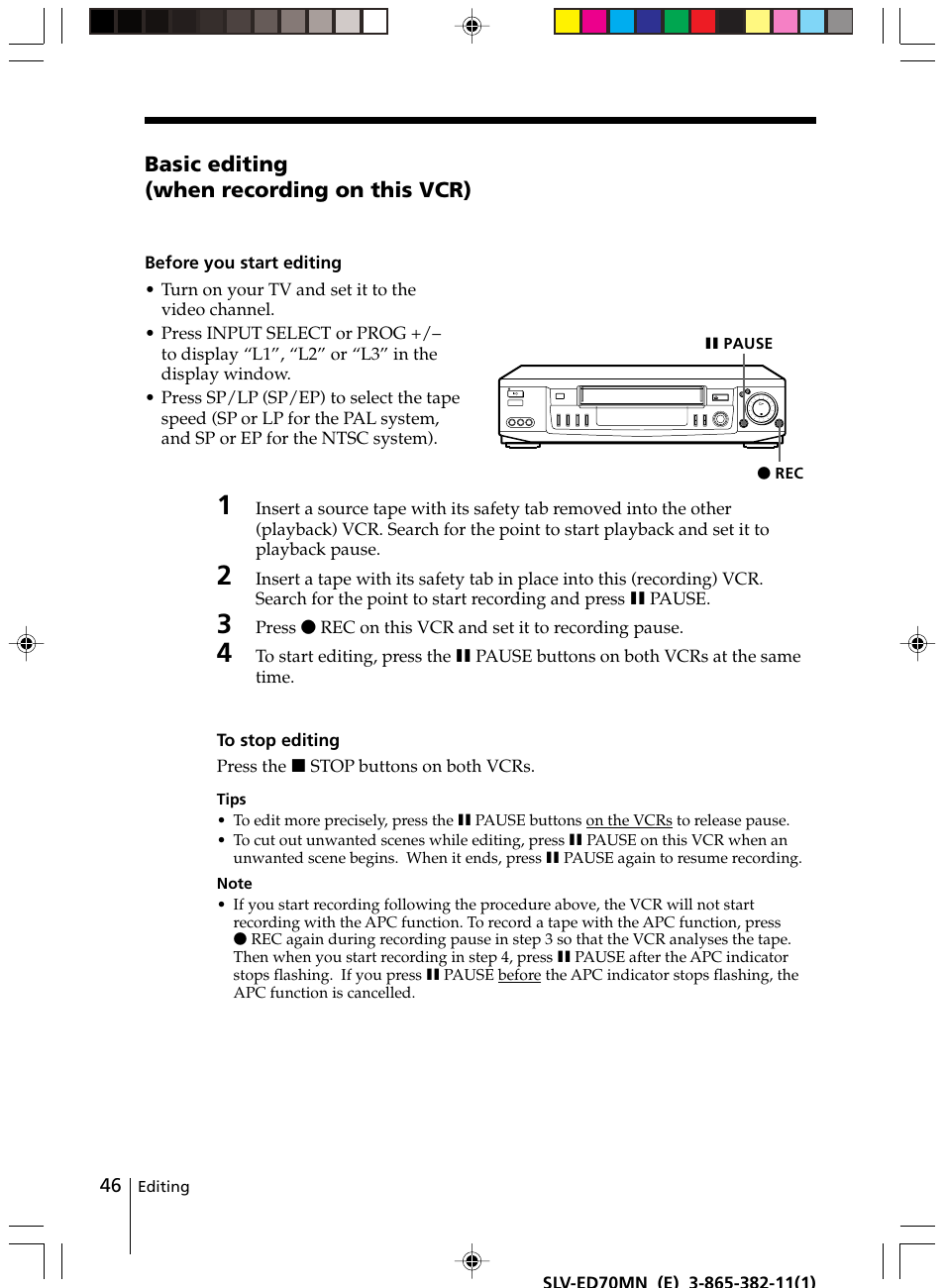 Basic editing (when recording on this vcr) | Sony SLV-ED70MN User Manual | Page 46 / 55