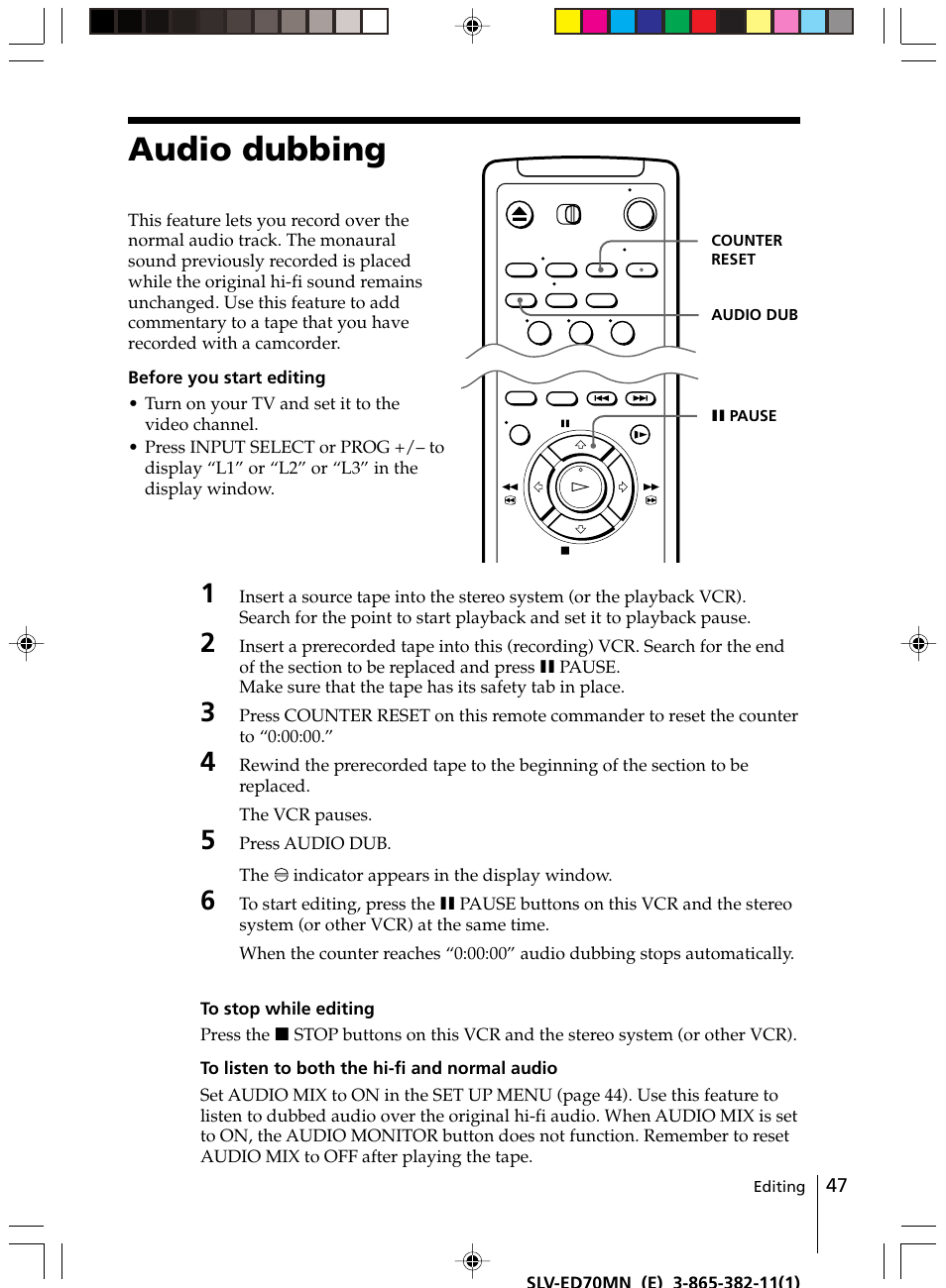 Audio dubbing | Sony SLV-ED70MN User Manual | Page 47 / 55