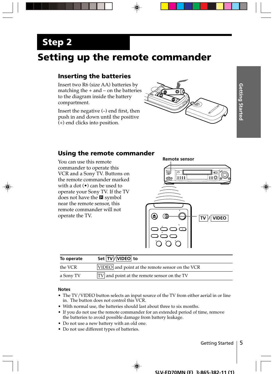 Setting up the remote commander, Step 2, Inserting the batteries | Using the remote commander | Sony SLV-ED70MN User Manual | Page 5 / 55