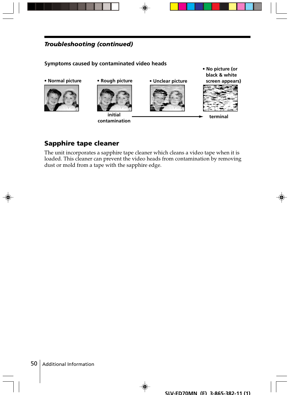 Sapphire tape cleaner, Troubleshooting (continued) | Sony SLV-ED70MN User Manual | Page 50 / 55