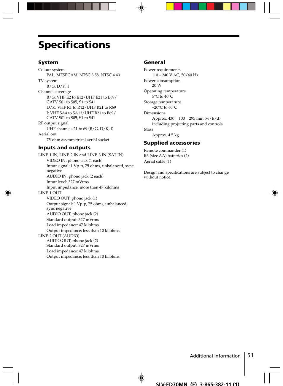 Specifications | Sony SLV-ED70MN User Manual | Page 51 / 55