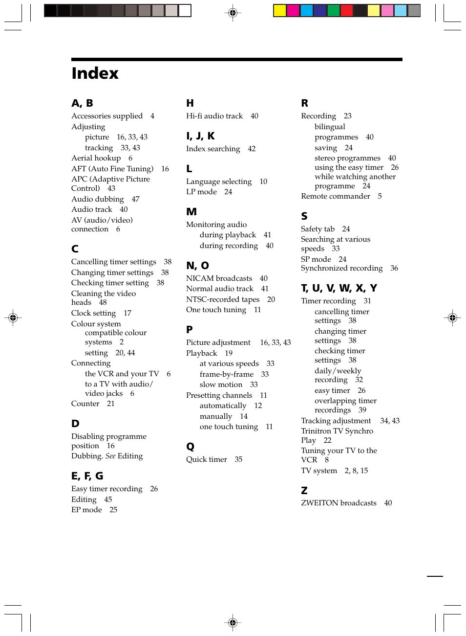 Index, A, b, E, f, g | I, j, k, N, o, T, u, v, w, x, y | Sony SLV-ED70MN User Manual | Page 55 / 55