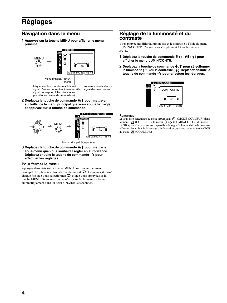 Réglages, Navigation dans le menu, Réglage de la luminosité et du contraste | Ajustes, Navegación por el menú | Sony CPD-G410R User Manual | Page 10 / 24