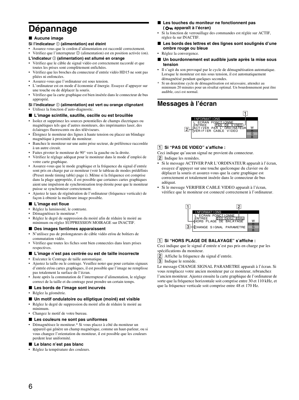 Dépannage, Messages à l’écran, Mensajes en pantalla | Sony CPD-G410R User Manual | Page 12 / 24