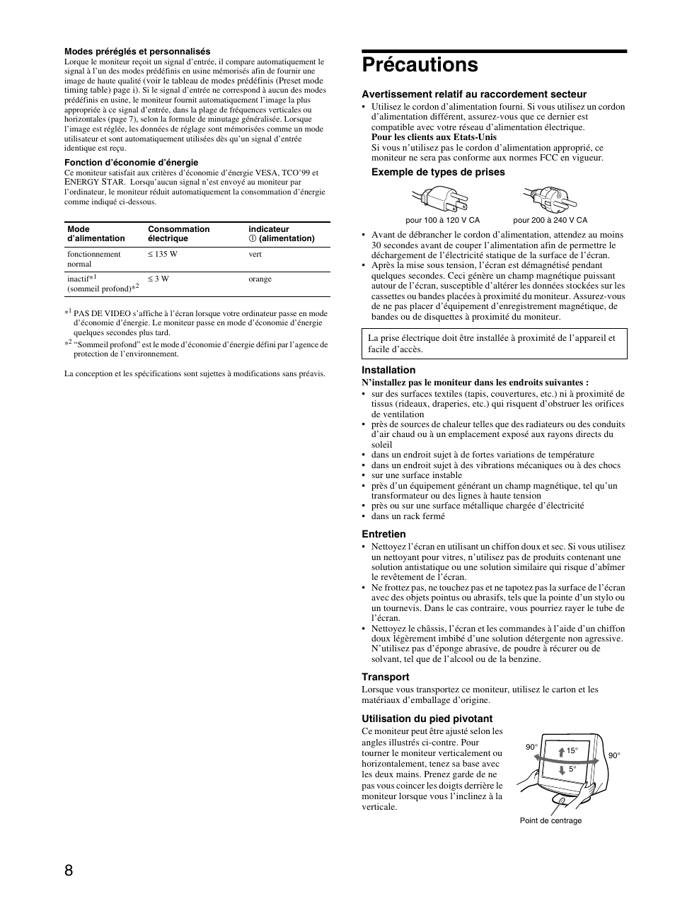 Précautions, Precauciones | Sony CPD-G410R User Manual | Page 14 / 24