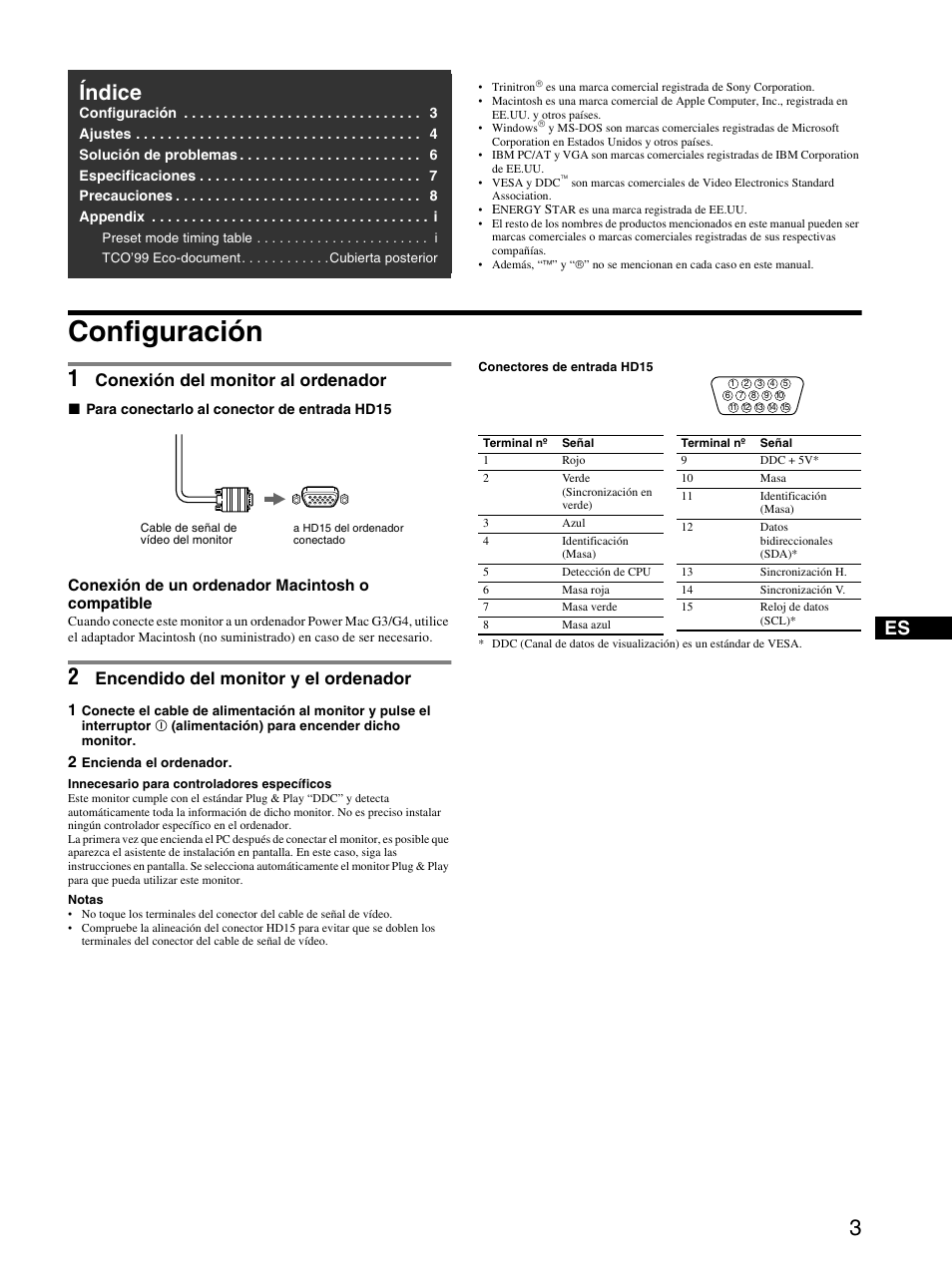 Configuración, 1 conexión del monitor al ordenador, Índice | Conexión del monitor al ordenador, Encendido del monitor y el ordenador | Sony CPD-G410R User Manual | Page 15 / 24