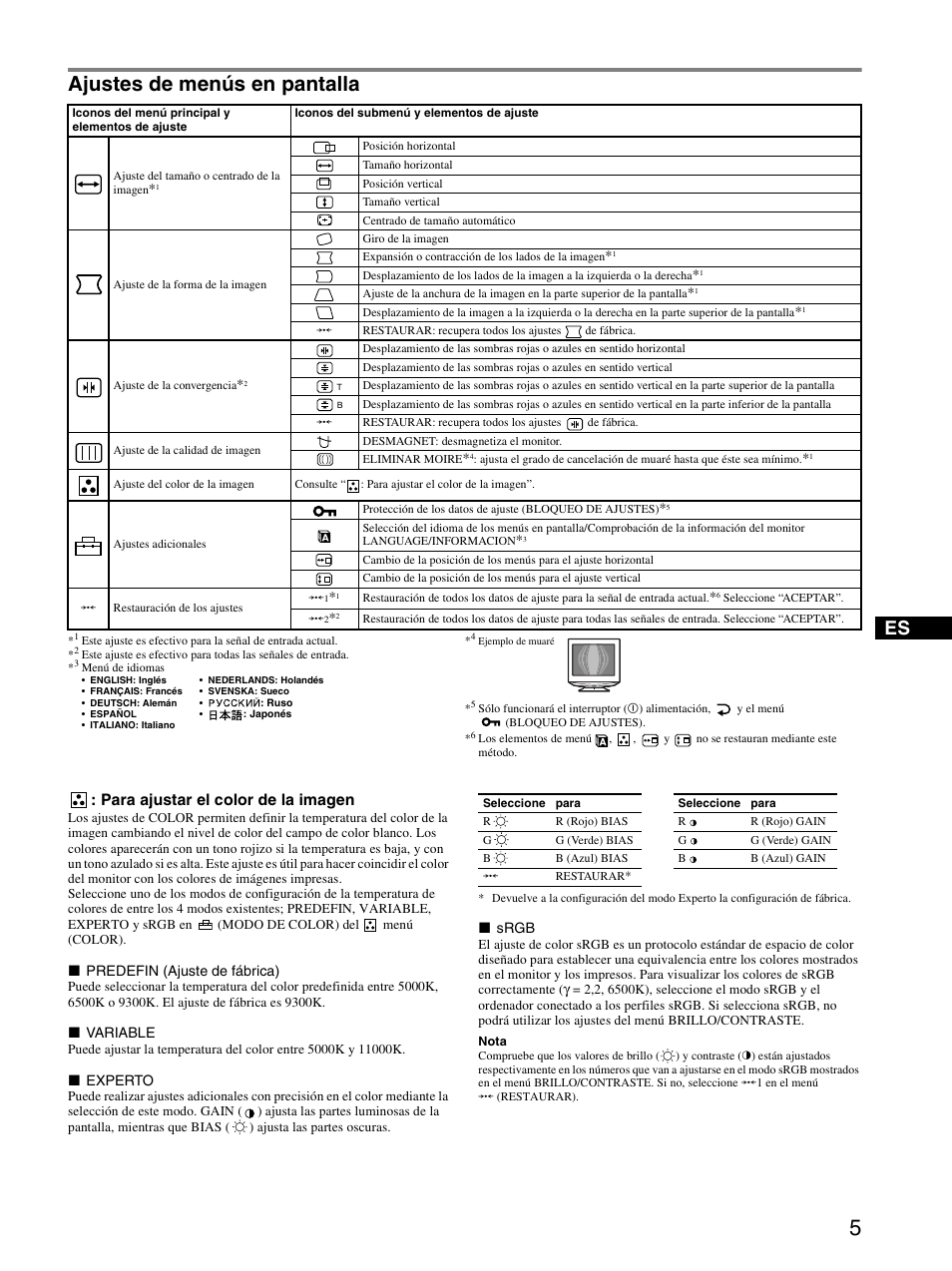 Ajustes de menús en pantalla, Para ajustar el color de la imagen | Sony CPD-G410R User Manual | Page 17 / 24