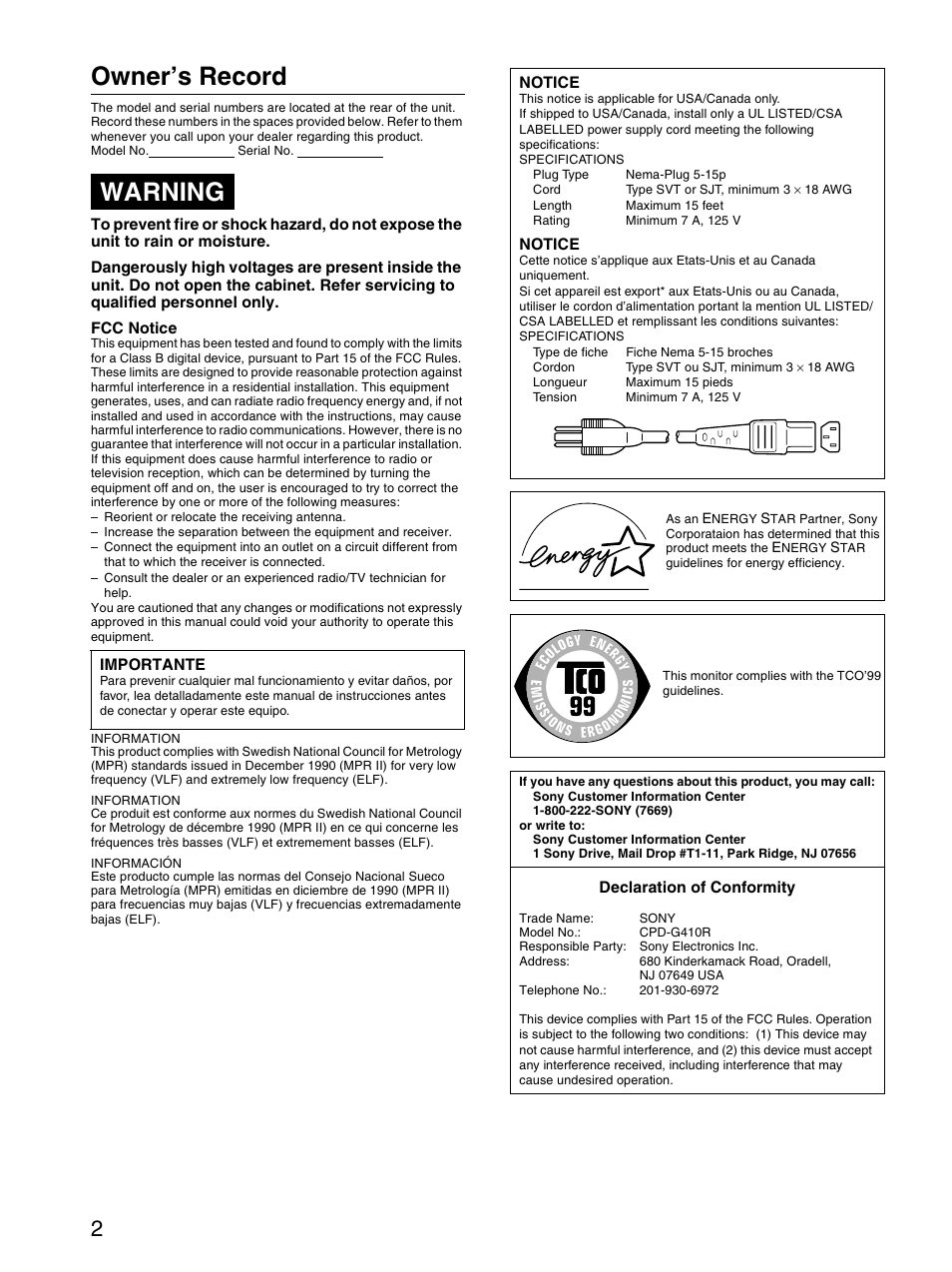 Owner’s record, Warning | Sony CPD-G410R User Manual | Page 2 / 24
