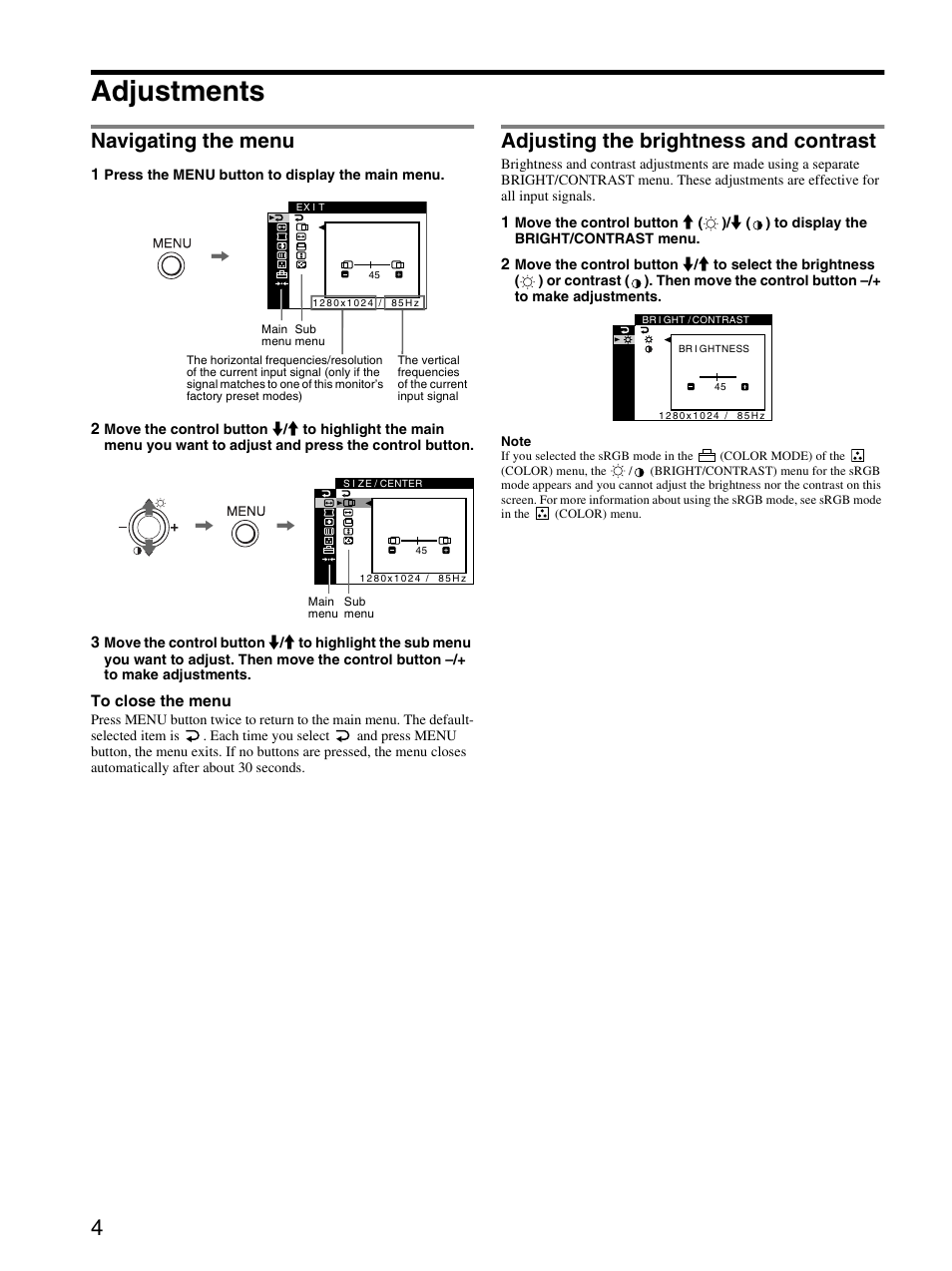 Adjustments, Navigating the menu, Adjusting the brightness and contrast | Sony CPD-G410R User Manual | Page 4 / 24