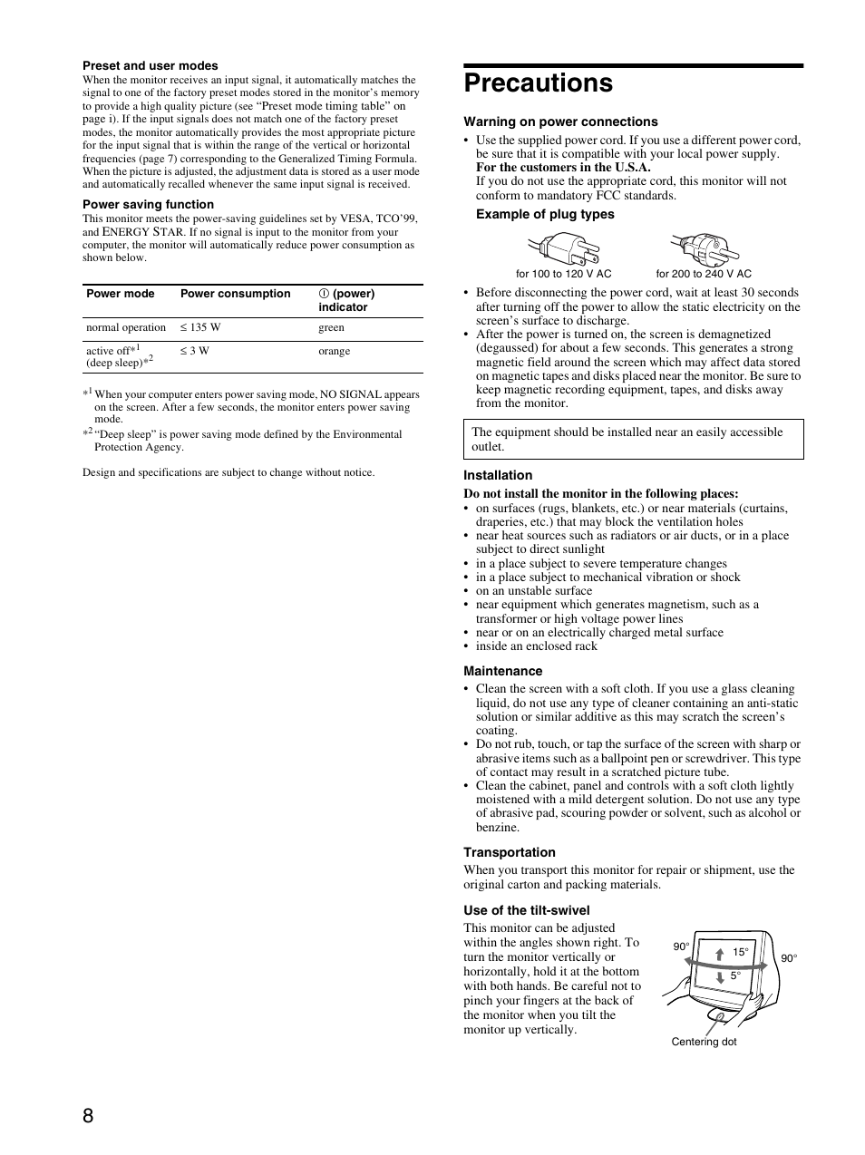 Precautions | Sony CPD-G410R User Manual | Page 8 / 24